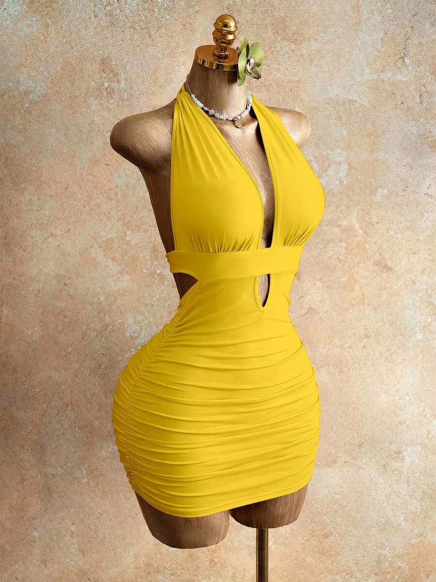 Sleeveless women's halter backless bodycon mini dress featuring lace-up knot back details and a high-waist pencil hem.