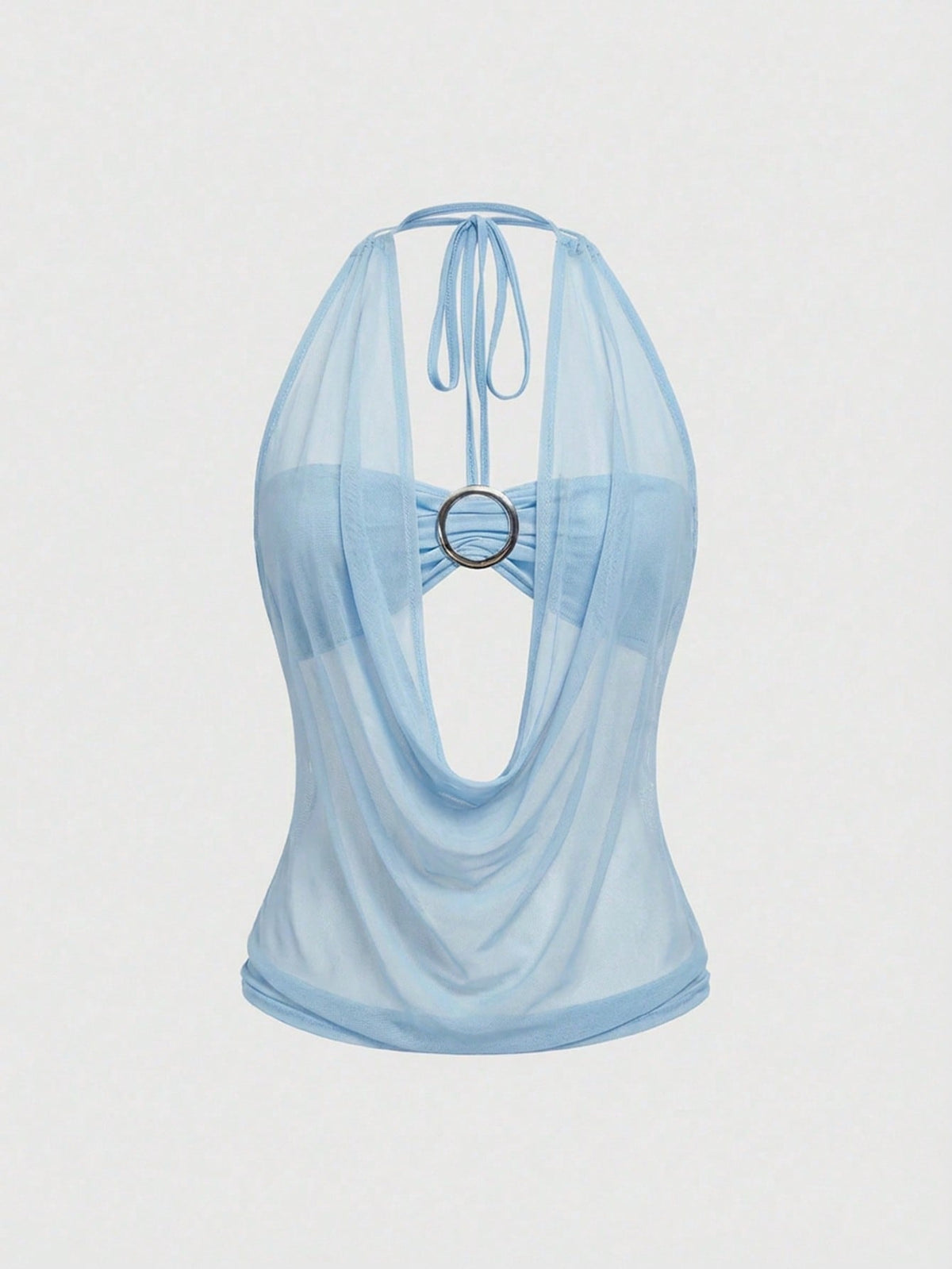 Women's cowl neck halter crop tank top featuring a draped backless design and matching bandeau inner layer.
