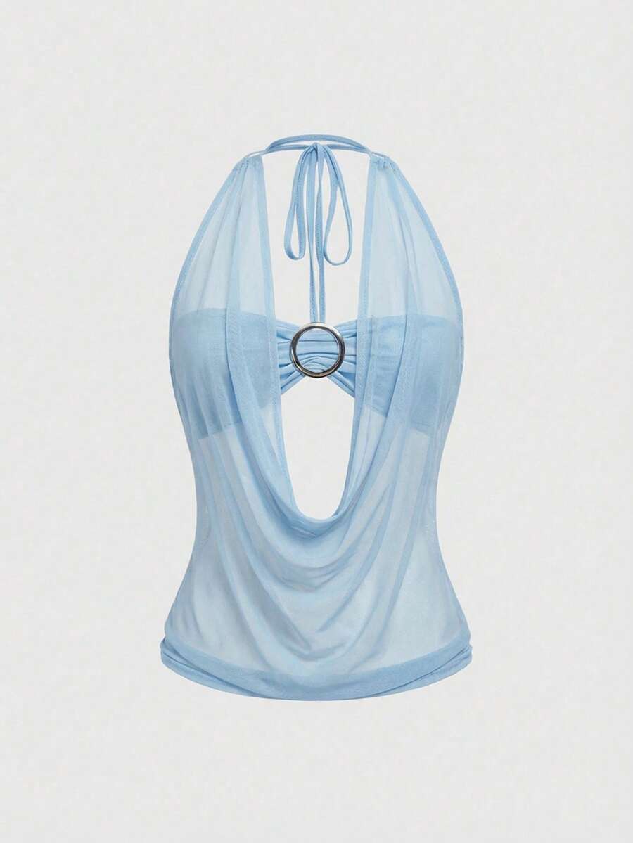 Women's cowl neck halter crop tank top featuring a draped backless design and matching bandeau inner layer.