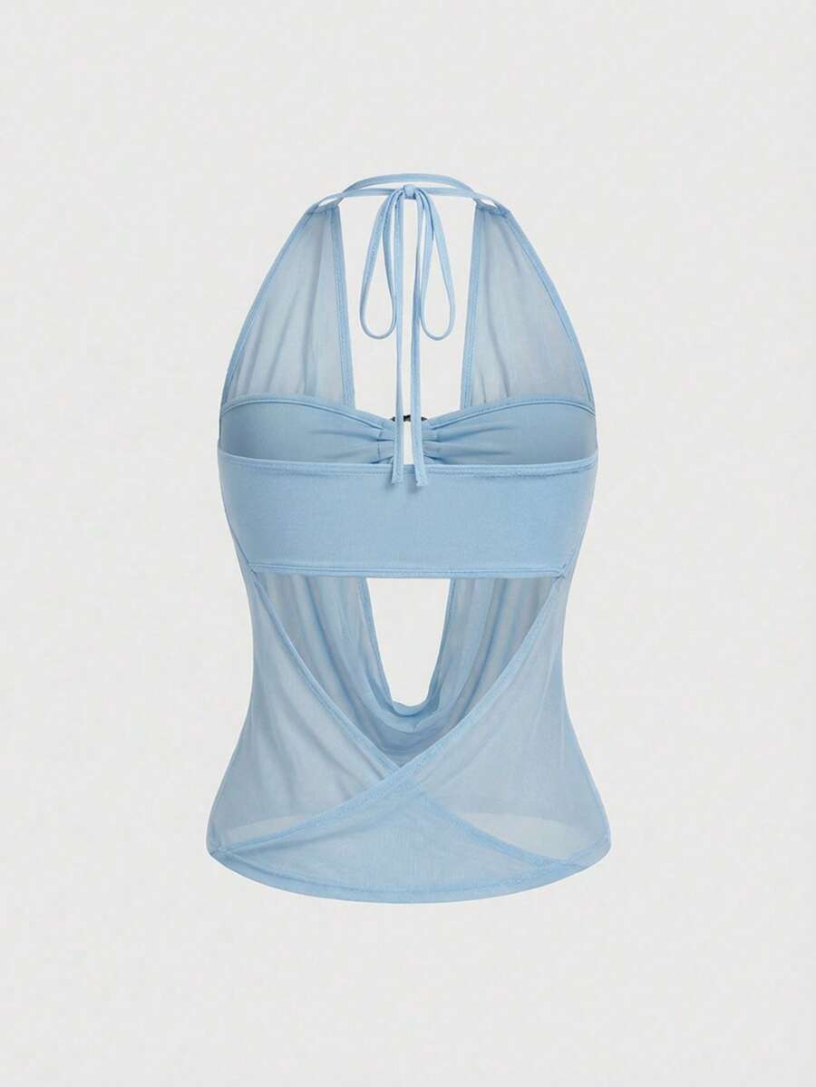 Women's cowl neck halter crop tank top featuring a draped backless design and matching bandeau inner layer.