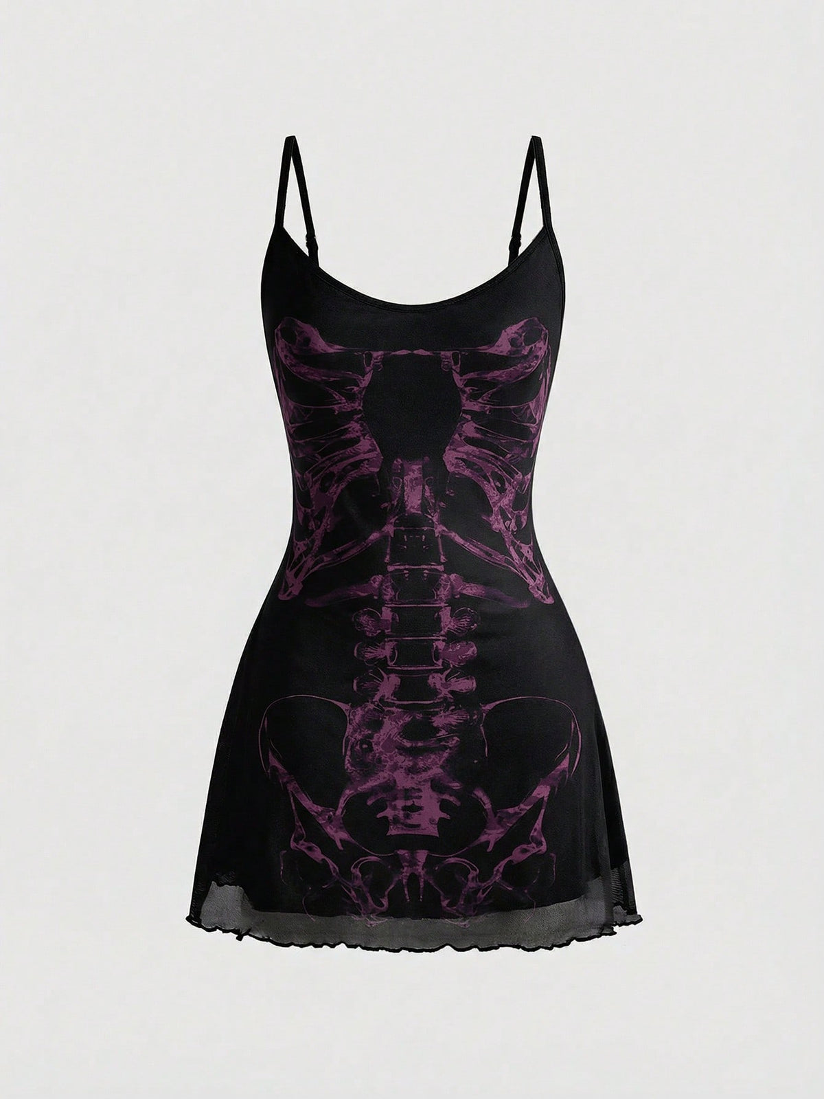 Women's black Gothic skeleton print mesh cami mini dress featuring ruched details, lettuce trim, and thin spaghetti straps.