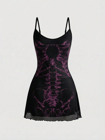 Women's black Gothic skeleton print mesh cami mini dress featuring ruched details, lettuce trim, and thin spaghetti straps.