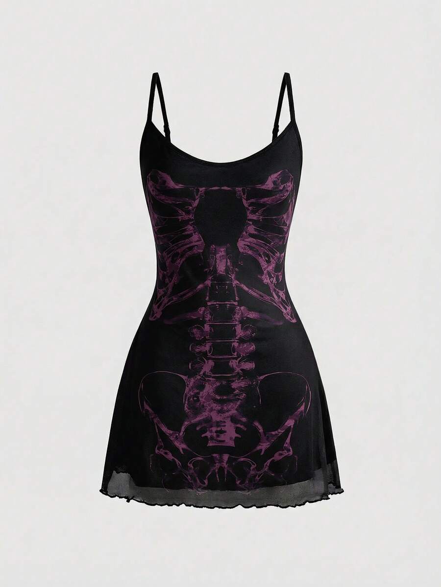 Women's black Gothic skeleton print mesh cami mini dress featuring ruched details, lettuce trim, and thin spaghetti straps.