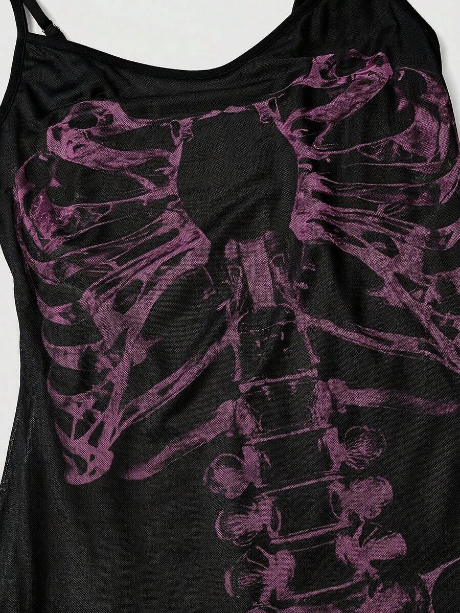 Women's black Gothic skeleton print mesh cami mini dress featuring ruched details, lettuce trim, and thin spaghetti straps.
