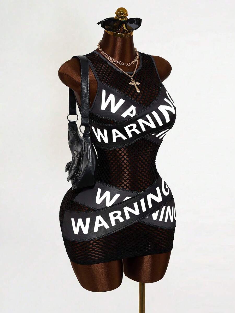 Women's black sheer mesh bodycon mini dress featuring slogan graphic print, round neckline, cut-out pointelle details, and a sleeveless slim fit pencil silhouette.