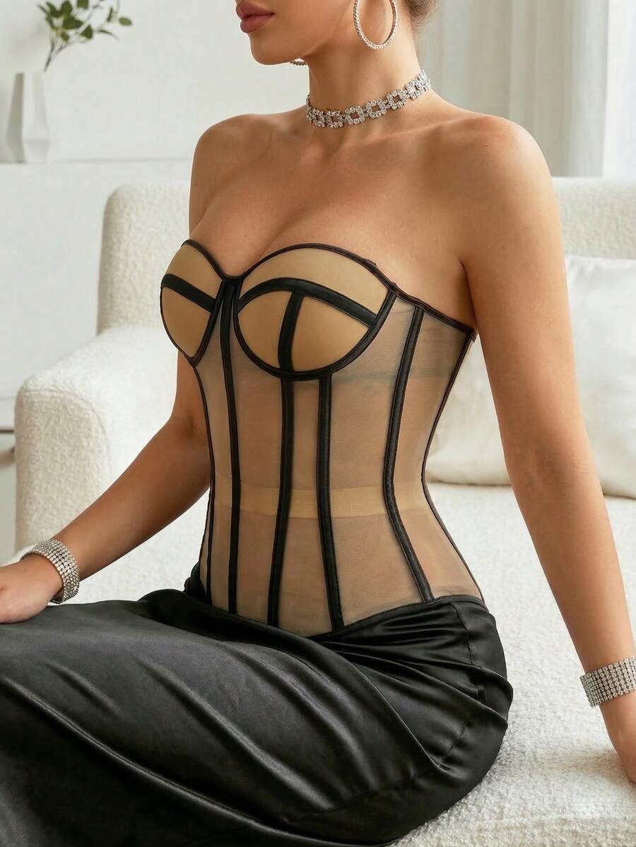 Beige strapless sheer mesh corset top for women featuring front boning, lace-up grommet eyelet detail, and push-up padded cups.