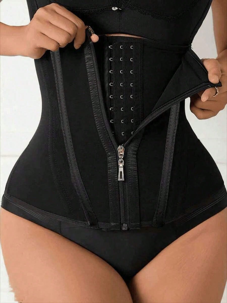 Women's black mesh waist cincher corset shapewear with a structured design for a sleek fitted look.