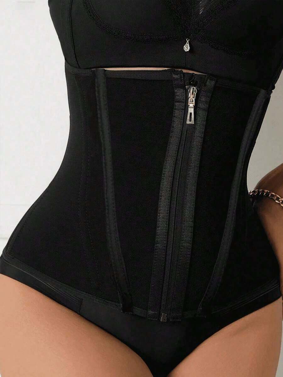 Women's black mesh waist cincher corset shapewear with a structured design for a sleek fitted look.