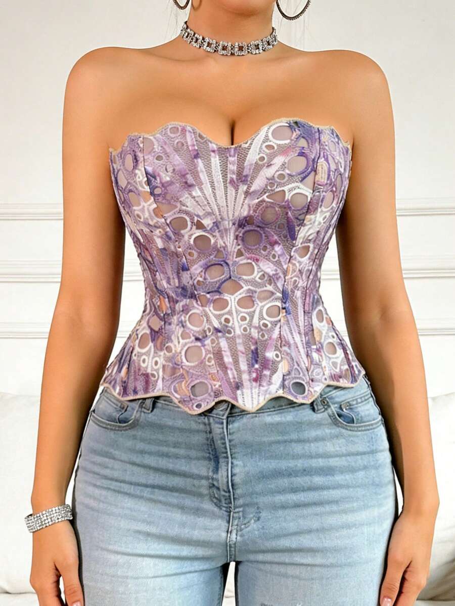 Black lace shaping camisole top with a tie-back detail and grommet eyelet accents, designed for women with slight stretch and ultra-light support.