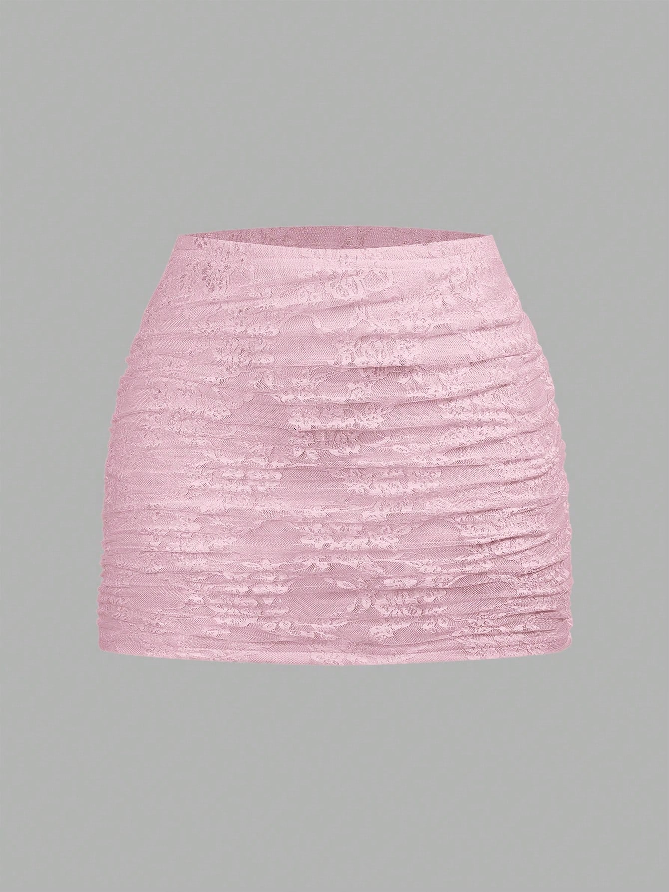 Women's black floral lace mini skirt featuring a ruched bodycon design, mid waist, and high stretch lined fabric.