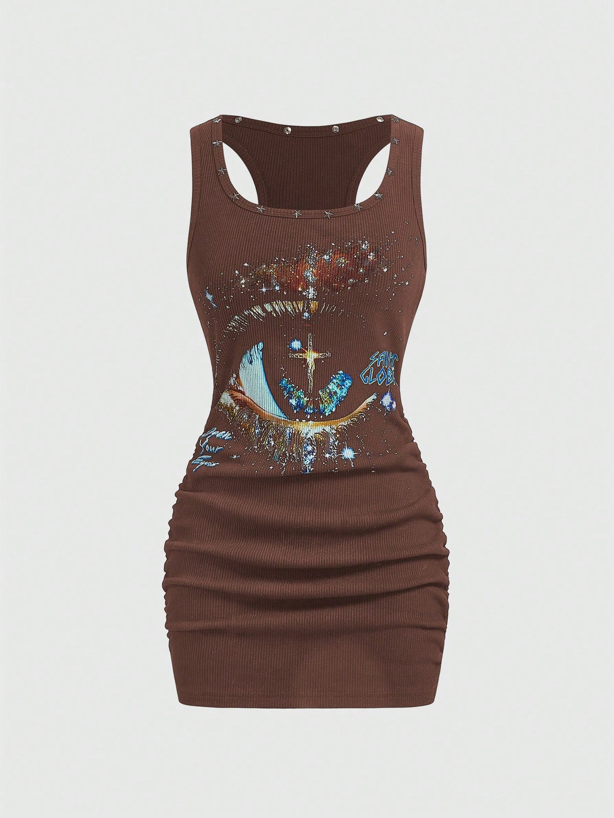 Army green short sleeve ruched bodycon mini dress for women featuring a scoop neckline and slim fit pencil hem.