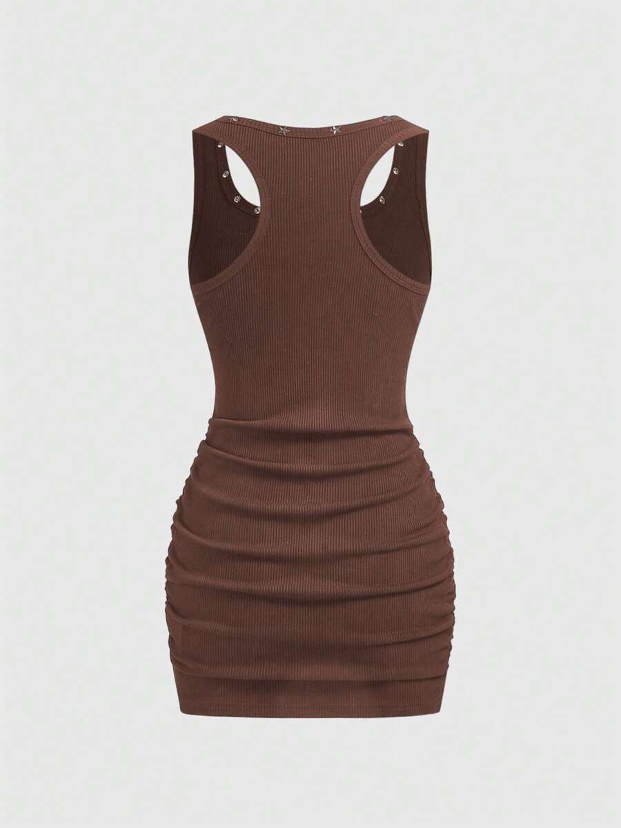 Army green short sleeve ruched bodycon mini dress for women featuring a scoop neckline and slim fit pencil hem.
