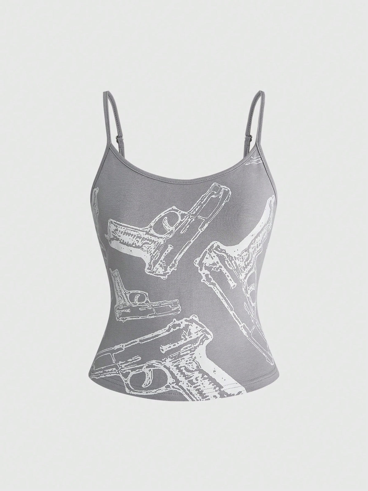 Women's light grey spaghetti strap cami top featuring a slim fit short design made from soft cotton blend knitted fabric.