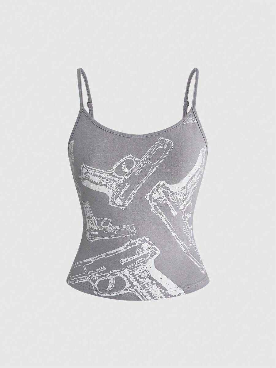Women's light grey spaghetti strap cami top featuring a slim fit short design made from soft cotton blend knitted fabric.