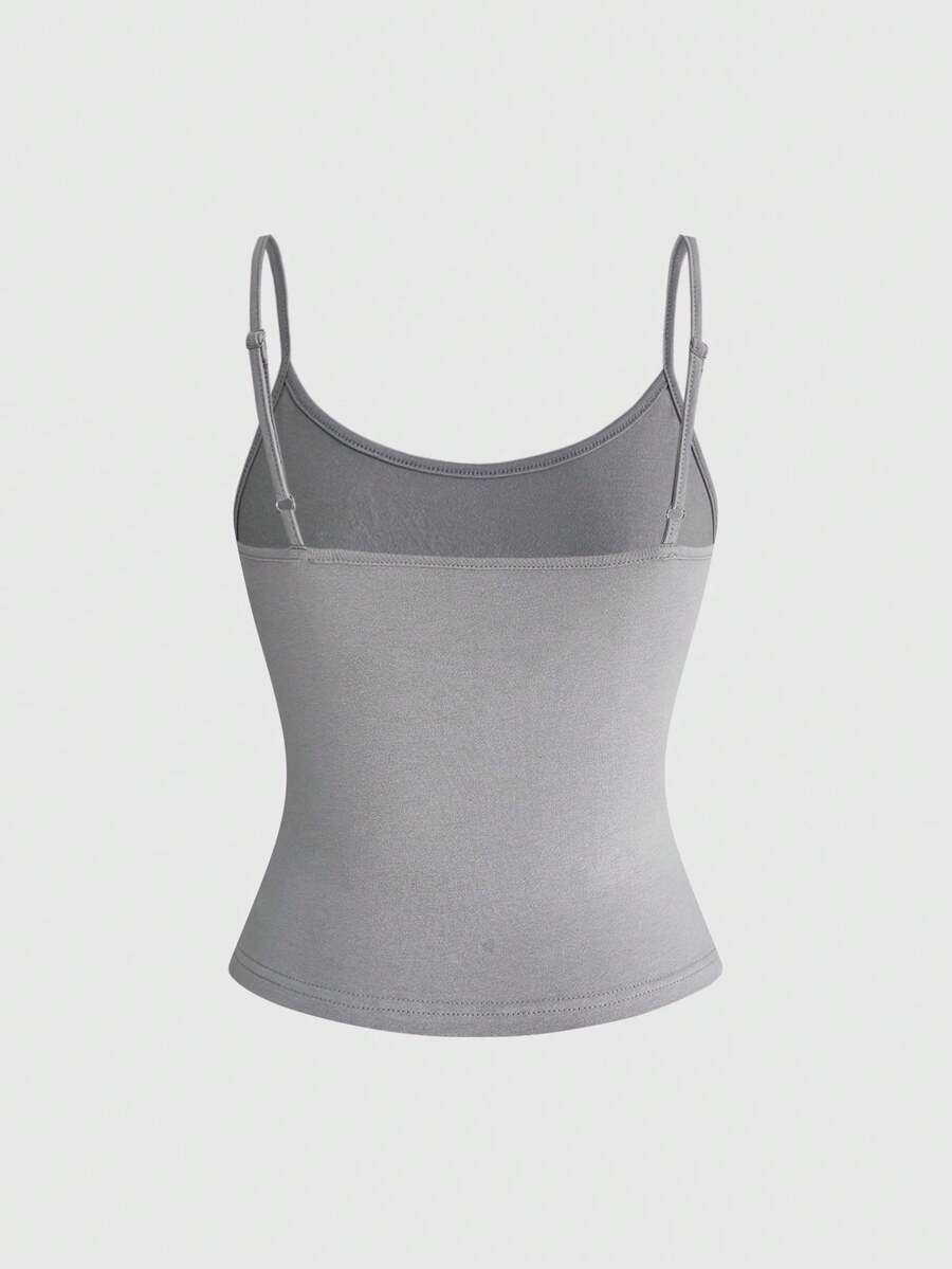 Women's light grey spaghetti strap cami top featuring a slim fit short design made from soft cotton blend knitted fabric.