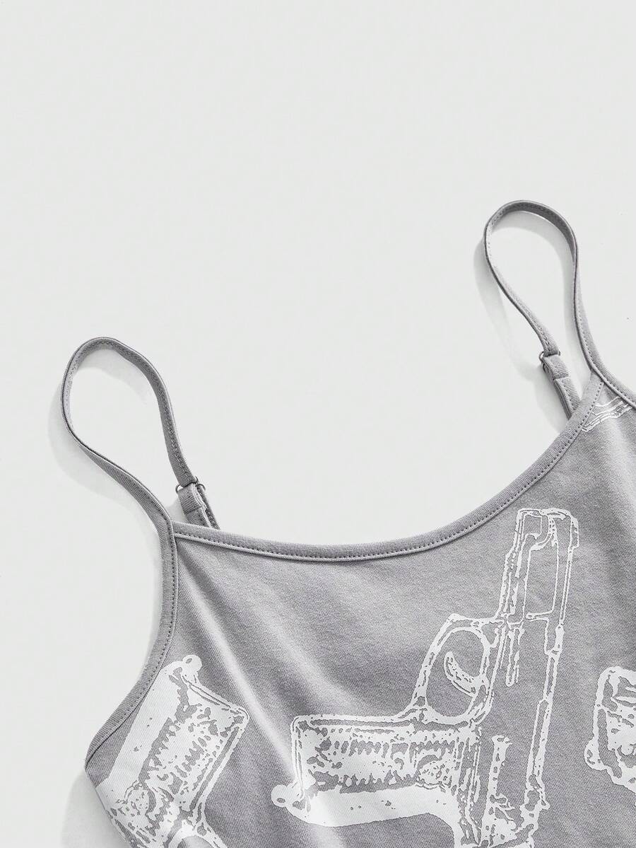 Women's light grey spaghetti strap cami top featuring a slim fit short design made from soft cotton blend knitted fabric.
