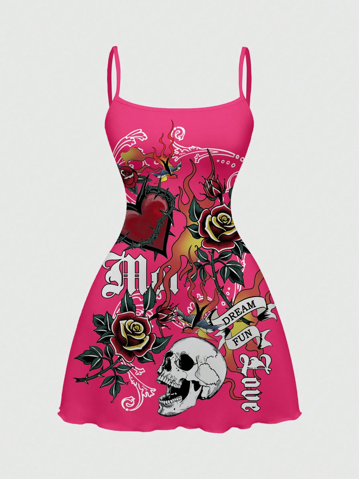 Women's black backless cami mini dress featuring spaghetti straps, lettuce trim, and a flared hem in high stretch knitted fabric.