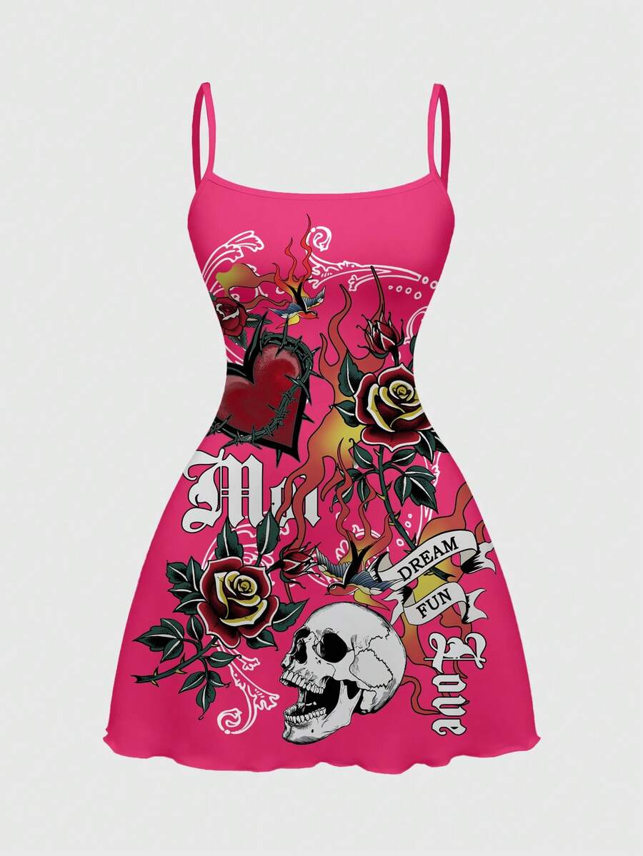 Women's black backless cami mini dress featuring spaghetti straps, lettuce trim, and a flared hem in high stretch knitted fabric.