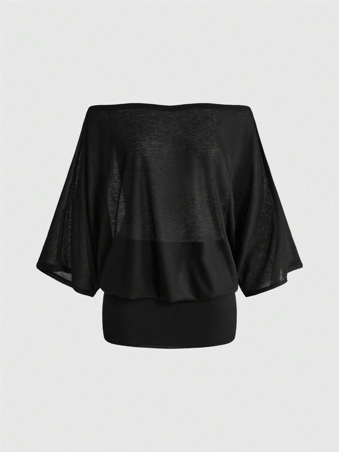 Women's off the shoulder knit bodycon mini dress with three quarter length sleeves and a flared hem.