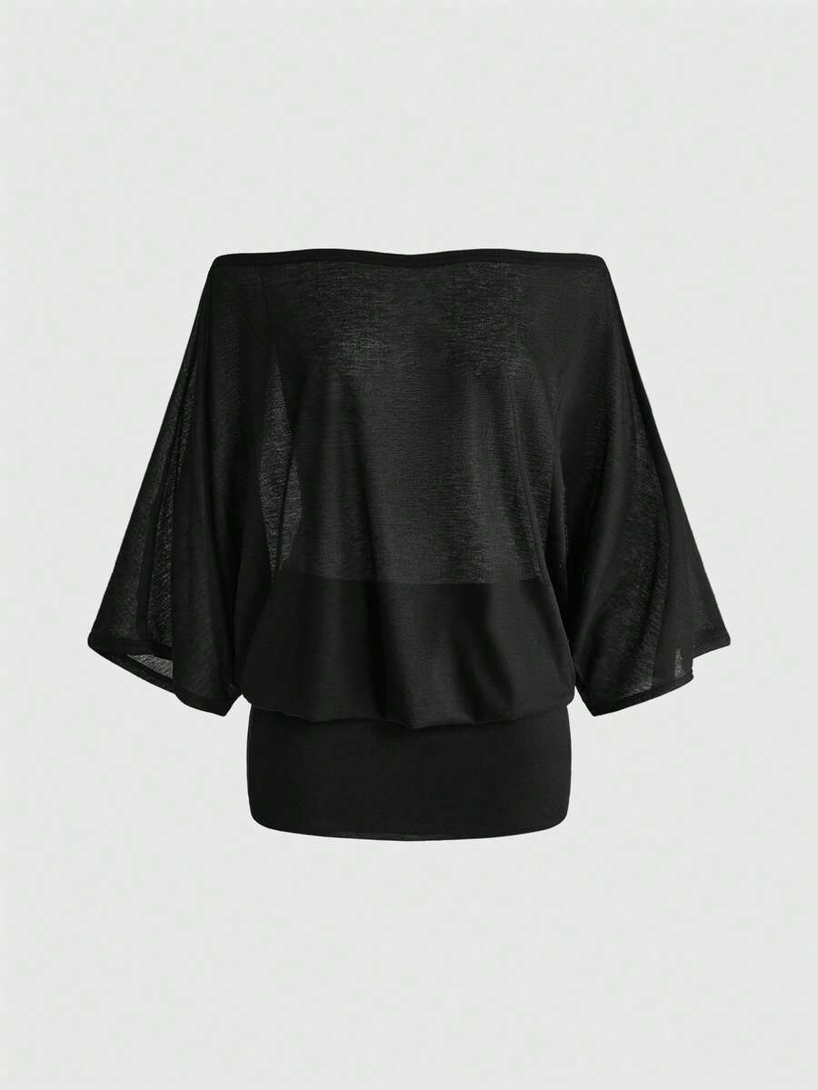 Women's off the shoulder knit bodycon mini dress with three quarter length sleeves and a flared hem.