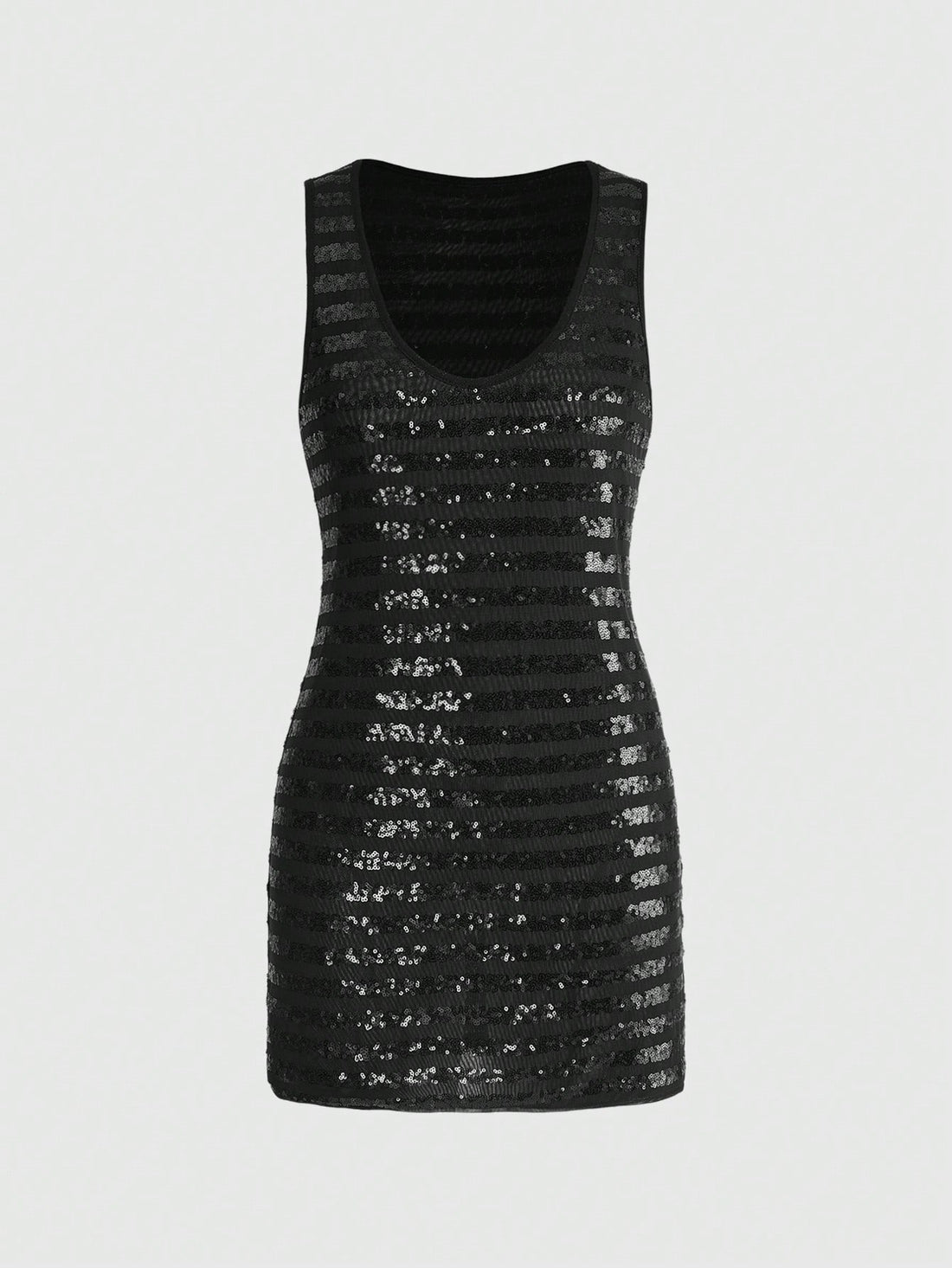 Black sequin sleeveless mini dress with a scoop neck and slim fit tank silhouette.