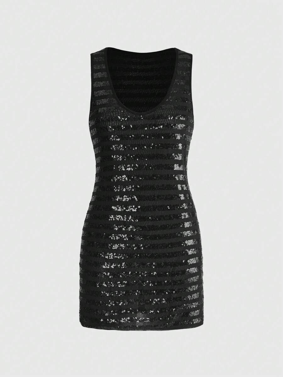 Black sequin sleeveless mini dress with a scoop neck and slim fit tank silhouette.