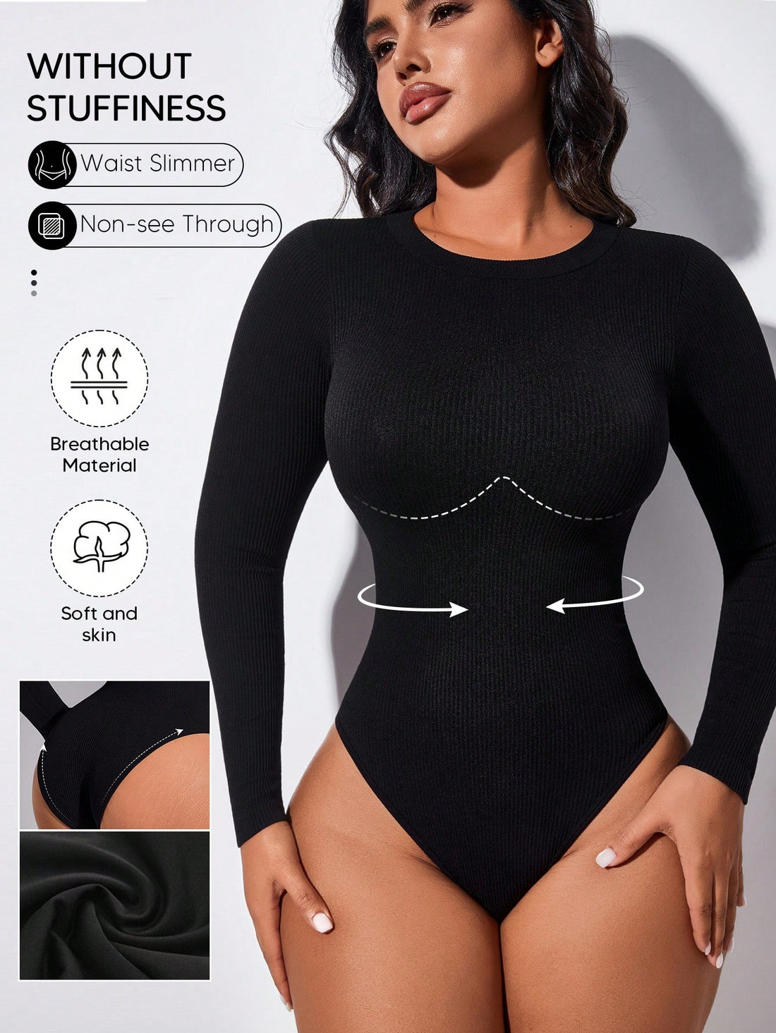 Black ribbed backless shapewear bodysuit for women featuring tummy control and light support.
