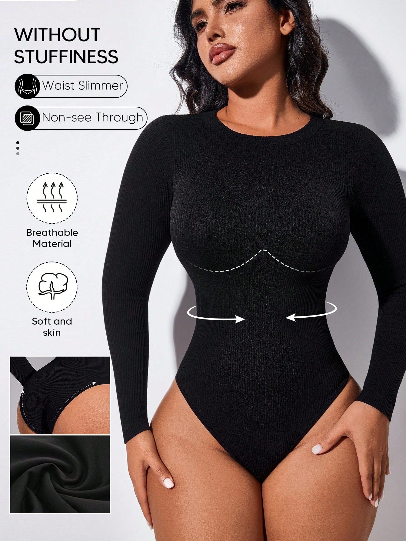 Black ribbed backless shapewear bodysuit for women featuring tummy control and light support.