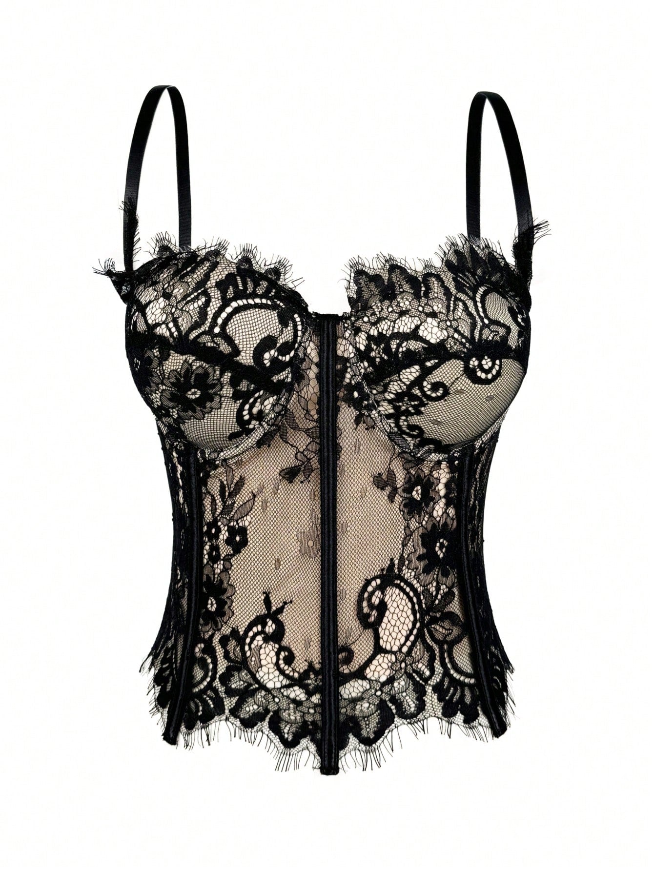 Black women's shaping cami with contrast lace, spaghetti straps, asymmetrical hem, lined body, and slim fit for casual and night-out styling.