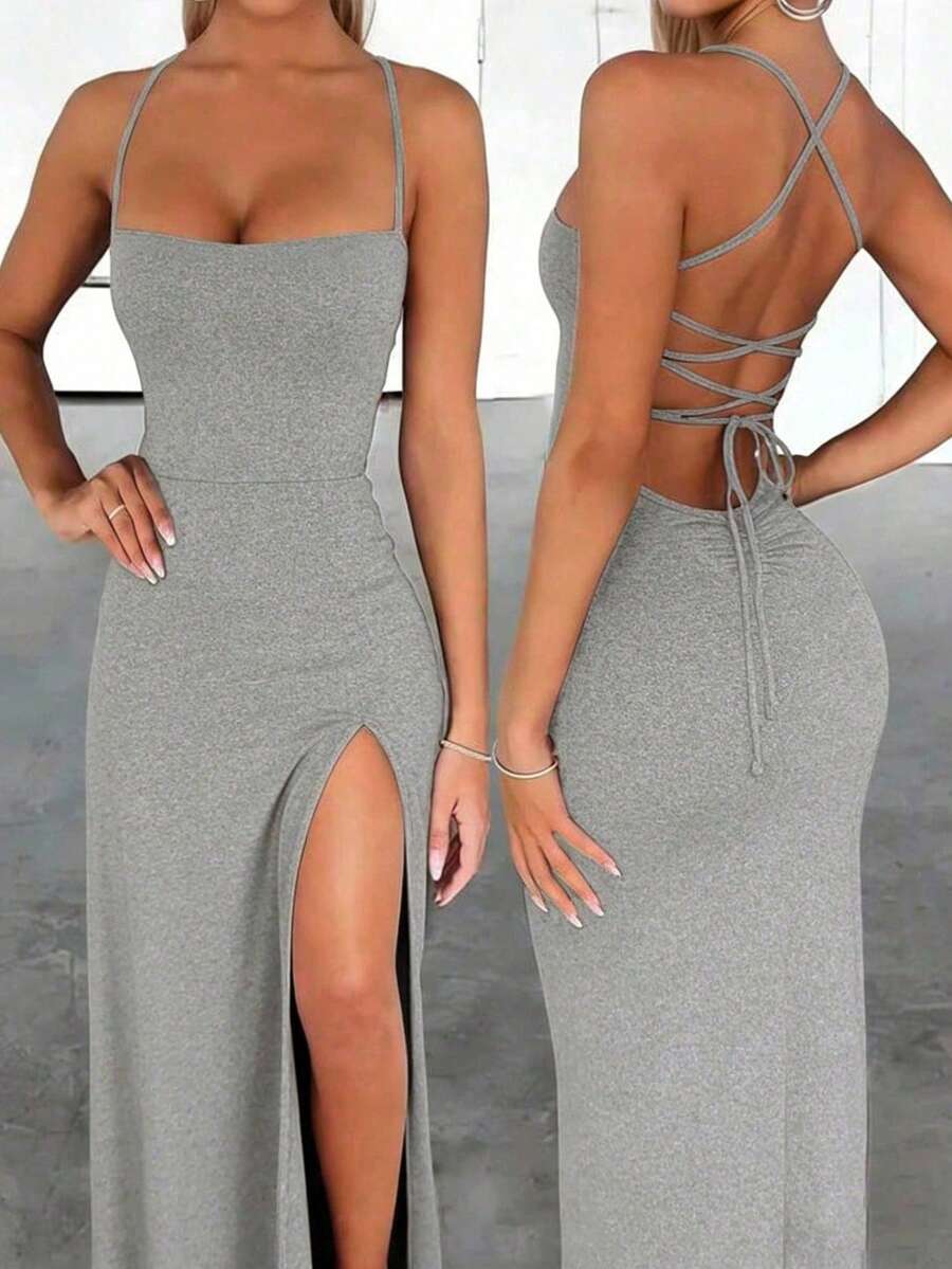 Women's backless sleeveless midi party dress with spaghetti straps and a high slit