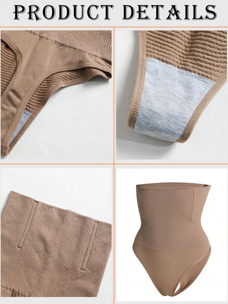 Black high waist seamless tummy control panties for women featuring high-stretch knitted fabric and contrast mesh details.