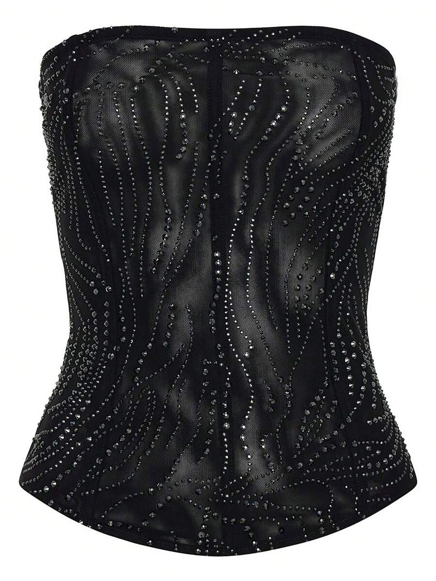 Black strapless corset tube top with sparkling rhinestone decor, boned silhouette, and lace-up tie back.