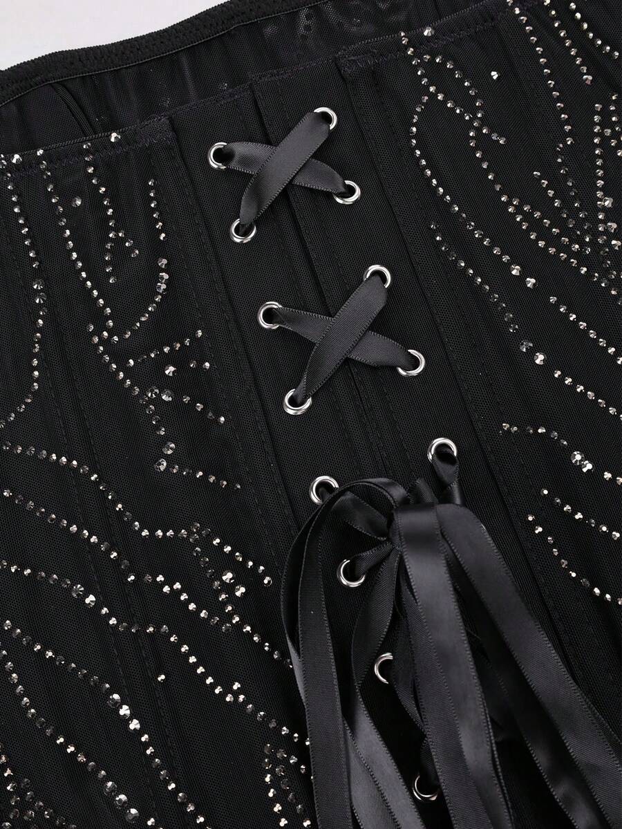 Black strapless corset tube top with sparkling rhinestone decor, boned silhouette, and lace-up tie back.