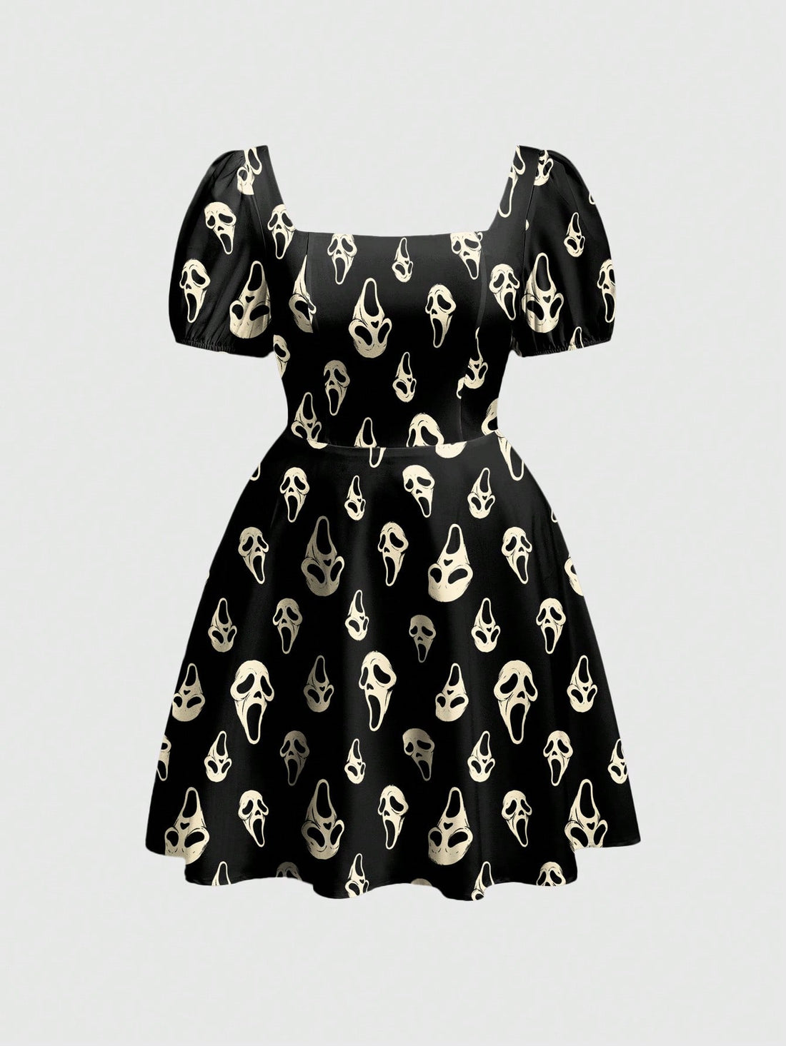 Women's black Halloween gothic mini dress featuring short puff sleeves, a square neckline, backless knot detail, and a high-waist A-line flared hem.
