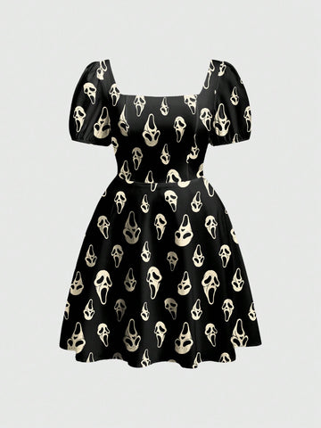 Women's black Halloween gothic mini dress featuring short puff sleeves, a square neckline, backless knot detail, and a high-waist A-line flared hem.