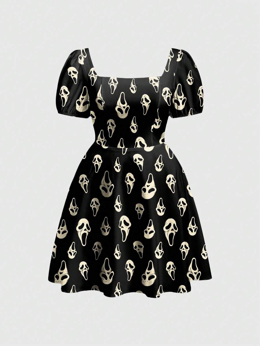 Women's black Halloween gothic mini dress featuring short puff sleeves, a square neckline, backless knot detail, and a high-waist A-line flared hem.