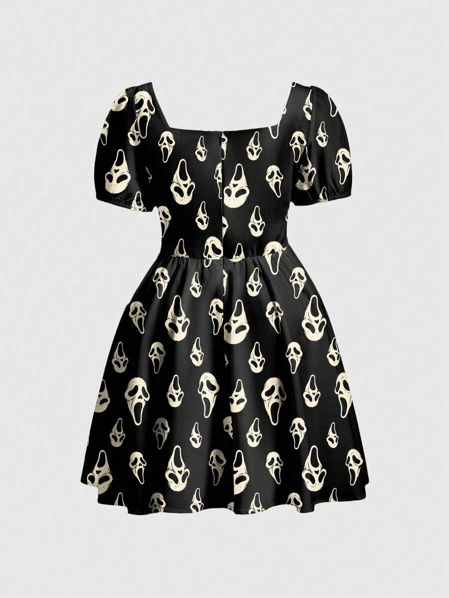 Women's black Halloween gothic mini dress featuring short puff sleeves, a square neckline, backless knot detail, and a high-waist A-line flared hem.