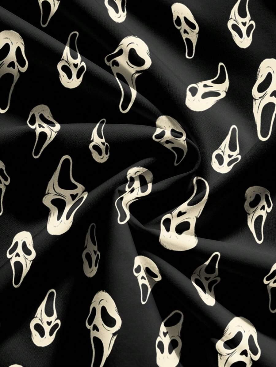 Women's black Halloween gothic mini dress featuring short puff sleeves, a square neckline, backless knot detail, and a high-waist A-line flared hem.