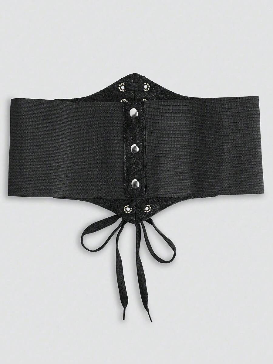Black lace-up waist cincher with grommet eyelets, baroque pattern, medium stretch, and wide belt design for women.
