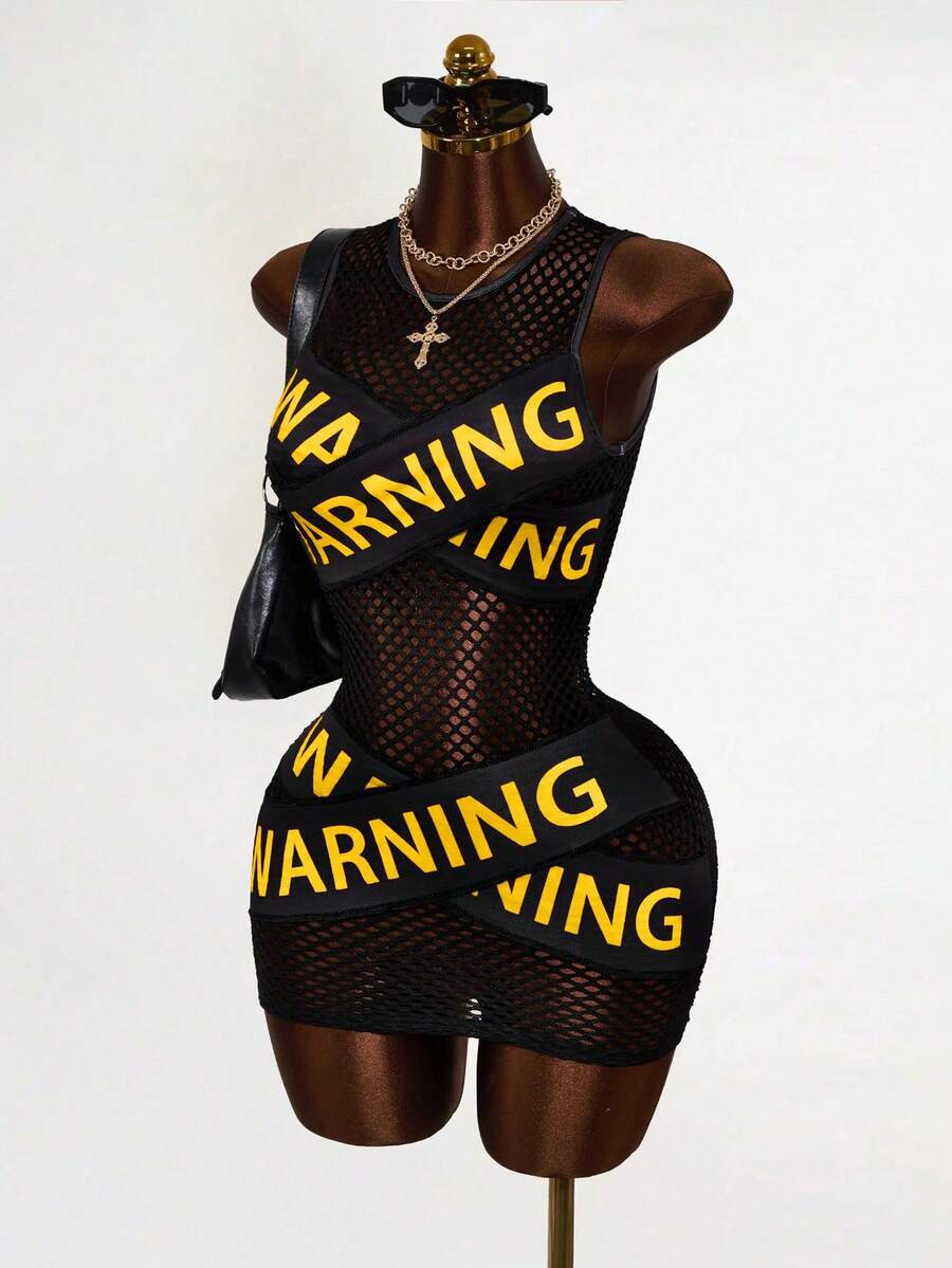 Women's black sheer mesh bodycon mini dress featuring slogan graphic print, round neckline, cut-out pointelle details, and a sleeveless slim fit pencil silhouette.