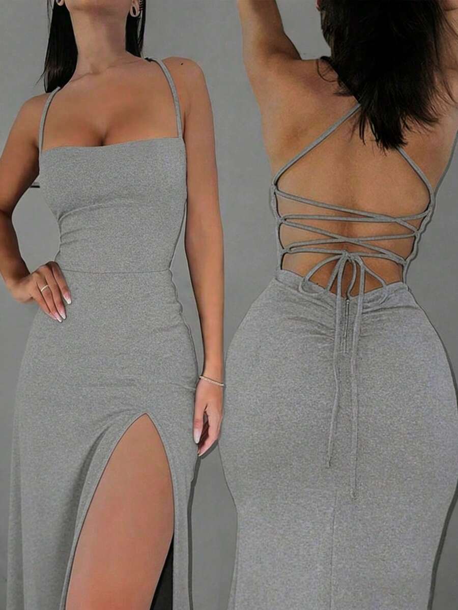 Women's backless sleeveless midi party dress with spaghetti straps and a high slit