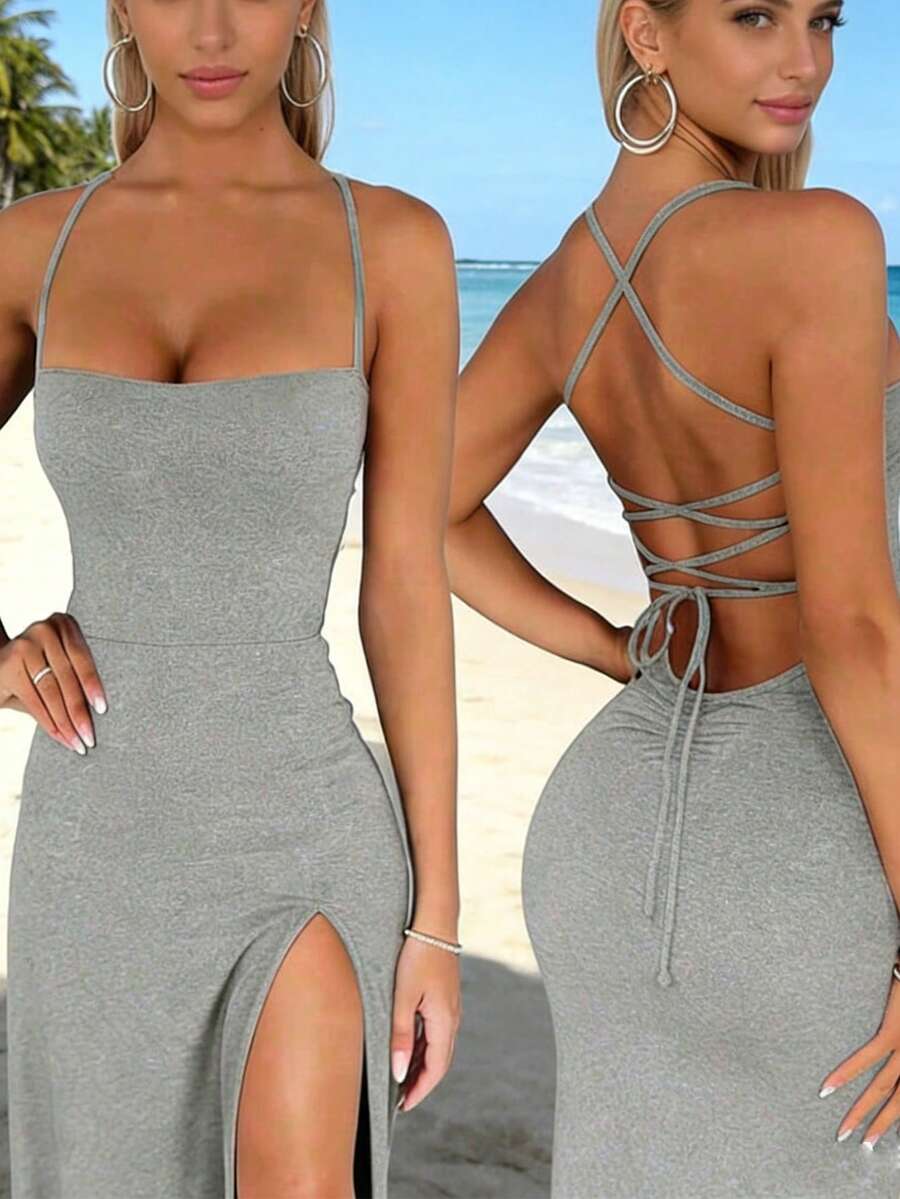 Women's backless sleeveless midi party dress with spaghetti straps and a high slit