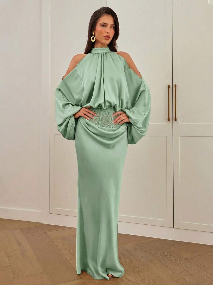 Women's high waist satin mermaid maxi skirt featuring contrast lace patchwork embroidery detail and side slit for formal and evening wear.