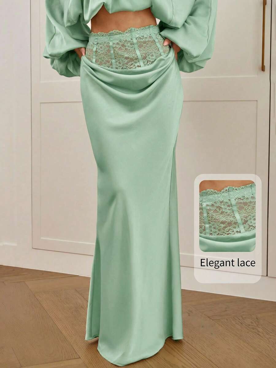 Women's high waist satin mermaid maxi skirt featuring contrast lace patchwork embroidery detail and side slit for formal and evening wear.