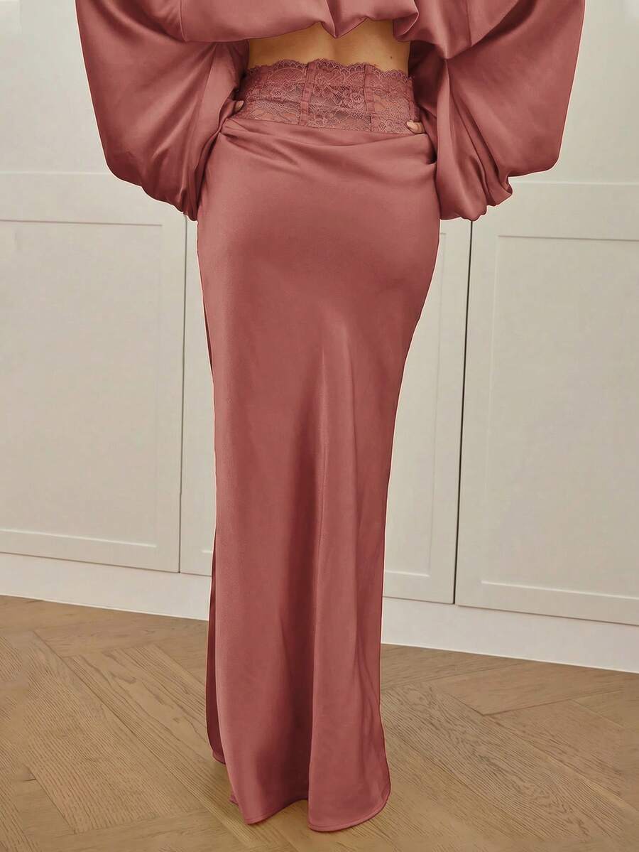 Women's high waist satin mermaid maxi skirt featuring contrast lace patchwork embroidery detail and side slit for formal and evening wear.