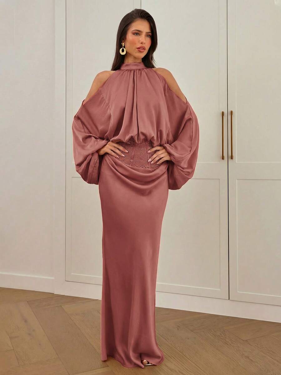 Women's high waist satin mermaid maxi skirt featuring contrast lace patchwork embroidery detail and side slit for formal and evening wear.