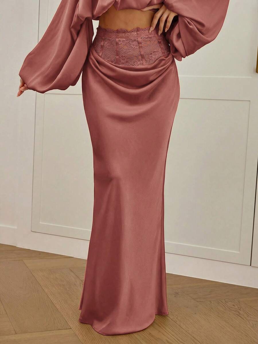 Women's high waist satin mermaid maxi skirt featuring contrast lace patchwork embroidery detail and side slit for formal and evening wear.