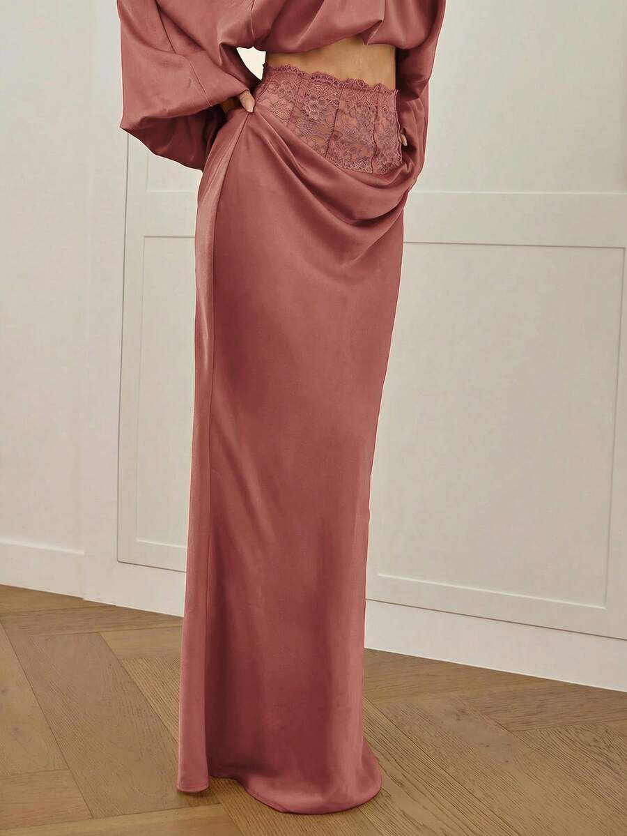 Women's high waist satin mermaid maxi skirt featuring contrast lace patchwork embroidery detail and side slit for formal and evening wear.