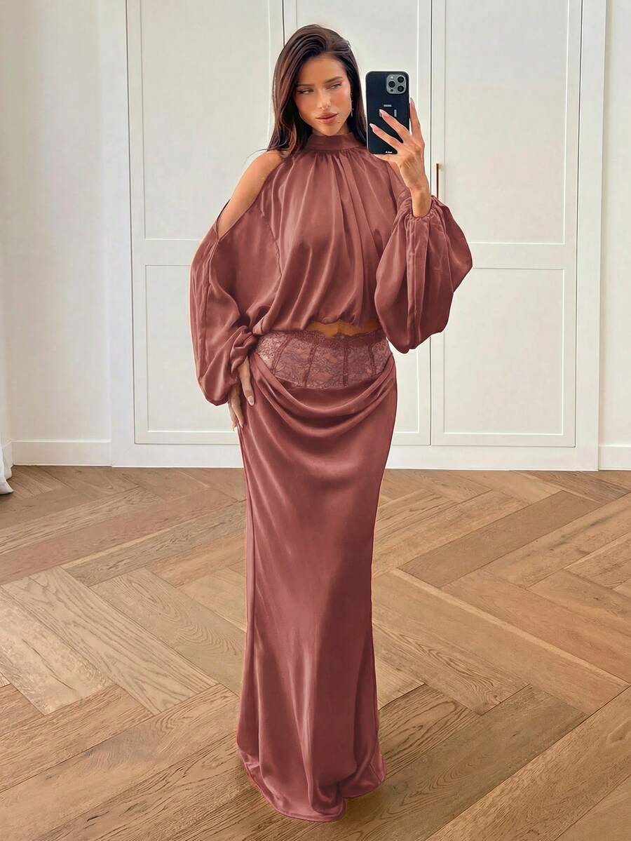 Women's high waist satin mermaid maxi skirt featuring contrast lace patchwork embroidery detail and side slit for formal and evening wear.