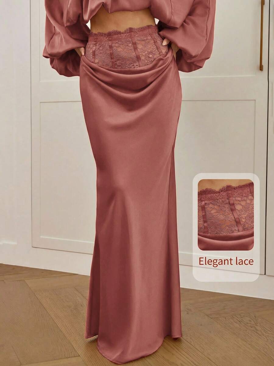 Women's high waist satin mermaid maxi skirt featuring contrast lace patchwork embroidery detail and side slit for formal and evening wear.